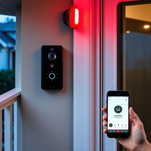 smart video doorbell on suburban porch,security keypad on modern apartment wall,flashing red home security alert light at night,glass break sensor on sliding door,sensor alert notification on homeowner’s phone