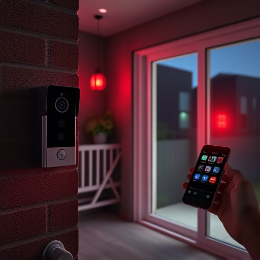 smart video doorbell on suburban porch,security keypad on modern apartment wall,flashing red home security alert light at night,glass break sensor on sliding door,sensor alert notification on homeowner’s phone