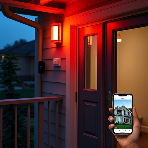 smart video doorbell on suburban porch,security keypad on modern apartment wall,flashing red home security alert light at night,glass break sensor on sliding door,sensor alert notification on homeowner’s phone