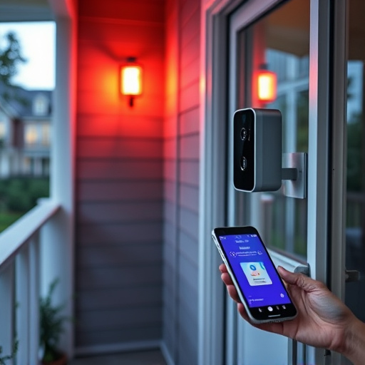 smart video doorbell on suburban porch,security keypad on modern apartment wall,flashing red home security alert light at night,glass break sensor on sliding door,sensor alert notification on homeowner’s phone