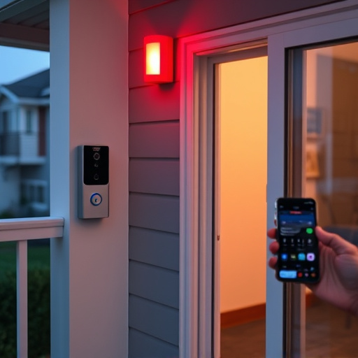 smart video doorbell on suburban porch,security keypad on modern apartment wall,flashing red home security alert light at night,glass break sensor on sliding door,sensor alert notification on homeowner’s phone