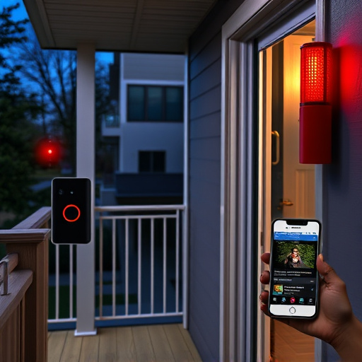 smart video doorbell on suburban porch,security keypad on modern apartment wall,flashing red home security alert light at night,glass break sensor on sliding door,sensor alert notification on homeowner’s phone