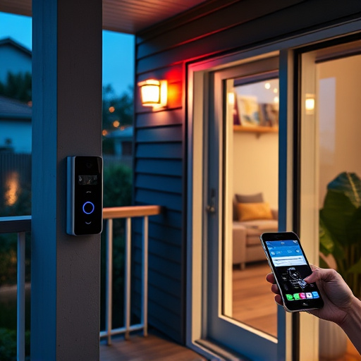smart video doorbell on suburban porch,security keypad on modern apartment wall,flashing red home security alert light at night,glass break sensor on sliding door,sensor alert notification on homeowner’s phone