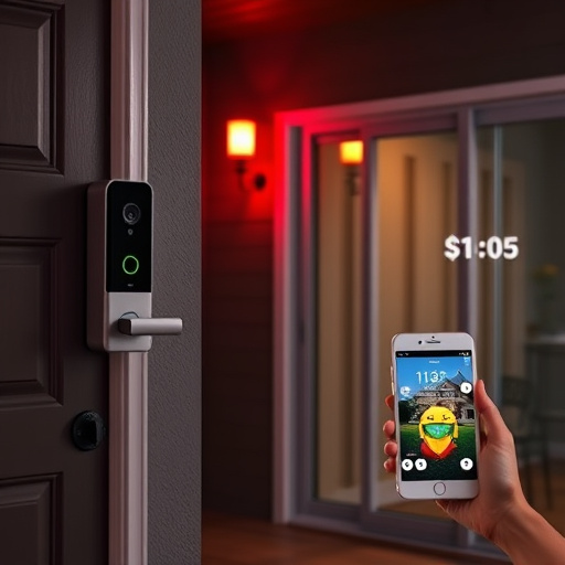 smart video doorbell on suburban porch,security keypad on modern apartment wall,flashing red home security alert light at night,glass break sensor on sliding door,sensor alert notification on homeowner’s phone