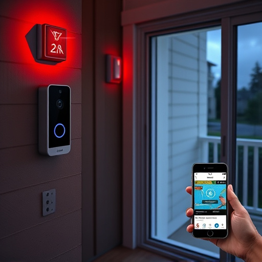 smart video doorbell on suburban porch,security keypad on modern apartment wall,flashing red home security alert light at night,glass break sensor on sliding door,sensor alert notification on homeowner’s phone