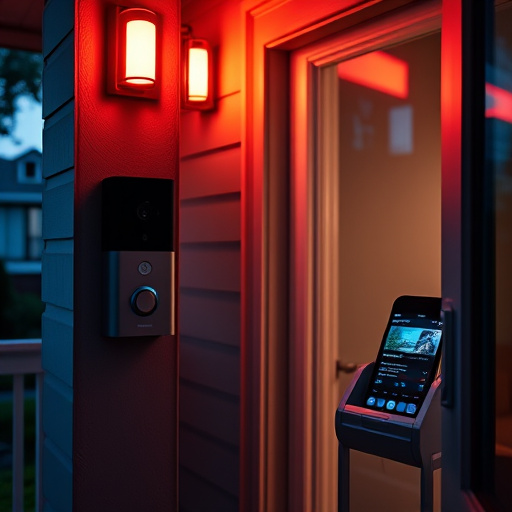 smart video doorbell on suburban porch,security keypad on modern apartment wall,flashing red home security alert light at night,glass break sensor on sliding door,sensor alert notification on homeowner’s phone