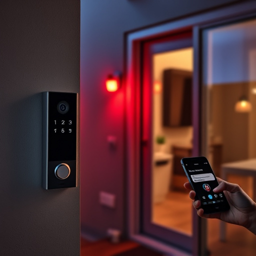 smart video doorbell on suburban porch,security keypad on modern apartment wall,flashing red home security alert light at night,glass break sensor on sliding door,sensor alert notification on homeowner’s phone