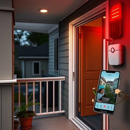 smart video doorbell on suburban porch,security keypad on modern apartment wall,flashing red home security alert light at night,glass break sensor on sliding door,sensor alert notification on homeowner’s phone