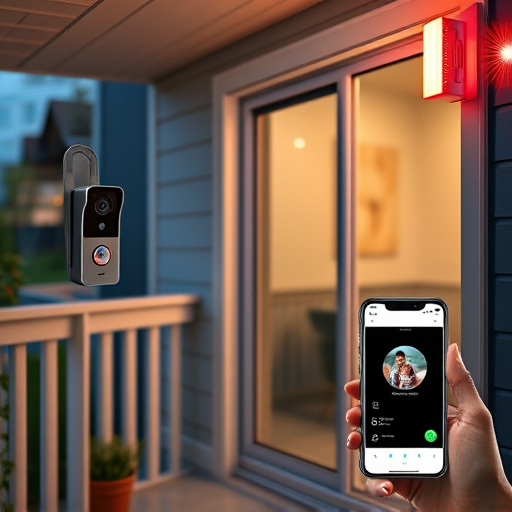 smart video doorbell on suburban porch,security keypad on modern apartment wall,flashing red home security alert light at night,glass break sensor on sliding door,sensor alert notification on homeowner’s phone