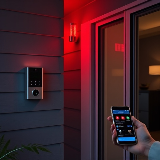 smart video doorbell on suburban porch,security keypad on modern apartment wall,flashing red home security alert light at night,glass break sensor on sliding door,sensor alert notification on homeowner’s phone