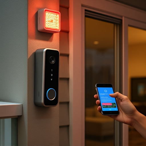 smart video doorbell on suburban porch,security keypad on modern apartment wall,flashing red home security alert light at night,glass break sensor on sliding door,sensor alert notification on homeowner’s phone