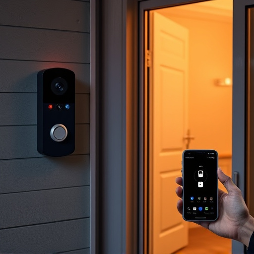 smart video doorbell on suburban porch,security keypad on modern apartment wall,flashing red home security alert light at night,glass break sensor on sliding door,sensor alert notification on homeowner’s phone