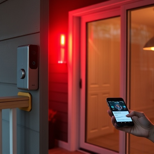 smart video doorbell on suburban porch,security keypad on modern apartment wall,flashing red home security alert light at night,glass break sensor on sliding door,sensor alert notification on homeowner’s phone