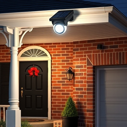 solar-powered light above front porch with camera,security sign placement in front yard garden,motion alert system setup at garage entrance,installing a wireless doorbell on brick entryway,night vision camera mounted under roof eave