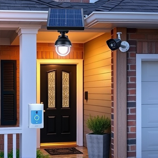 solar-powered light above front porch with camera,security sign placement in front yard garden,motion alert system setup at garage entrance,installing a wireless doorbell on brick entryway,night vision camera mounted under roof eave