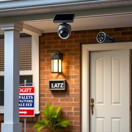 solar-powered light above front porch with camera,security sign placement in front yard garden,motion alert system setup at garage entrance,installing a wireless doorbell on brick entryway,night vision camera mounted under roof eave