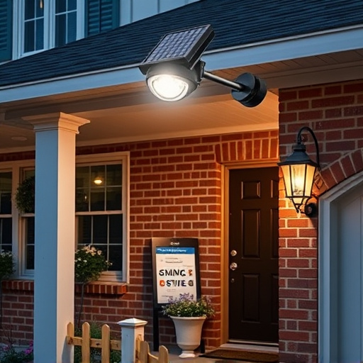 solar-powered light above front porch with camera,security sign placement in front yard garden,motion alert system setup at garage entrance,installing a wireless doorbell on brick entryway,night vision camera mounted under roof eave
