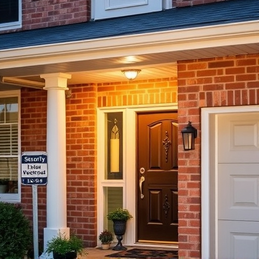 solar-powered light above front porch with camera,security sign placement in front yard garden,motion alert system setup at garage entrance,installing a wireless doorbell on brick entryway,night vision camera mounted under roof eave