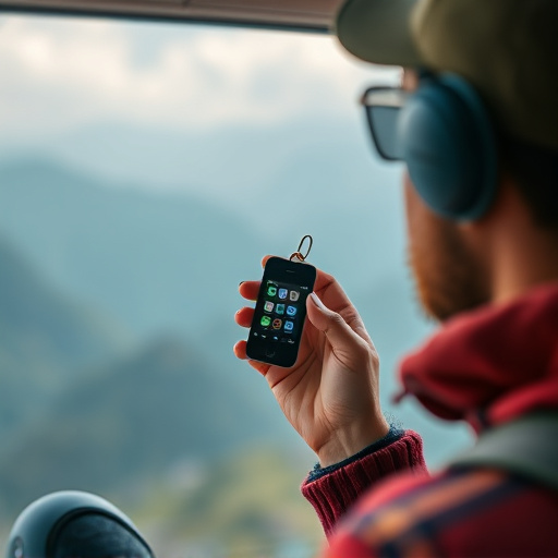 solo traveler holding a smart keychain alarm