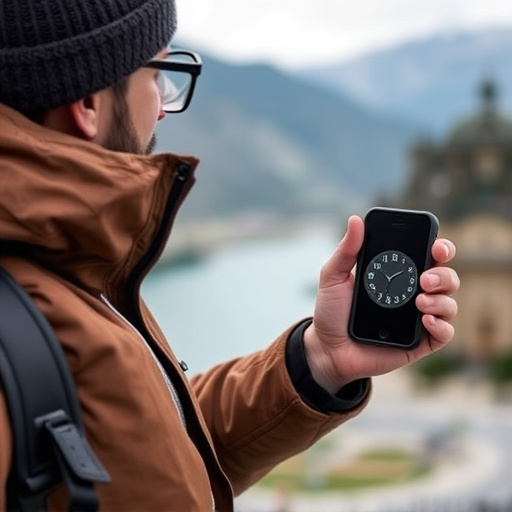 solo traveler holding a smart keychain alarm