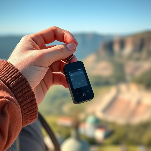 solo traveler holding a smart keychain alarm