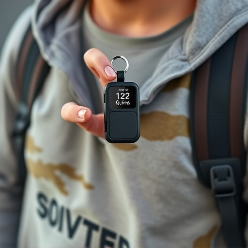 solo traveler holding a smart keychain alarm