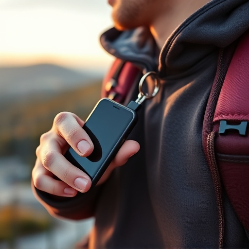 solo traveler holding a smart keychain alarm
