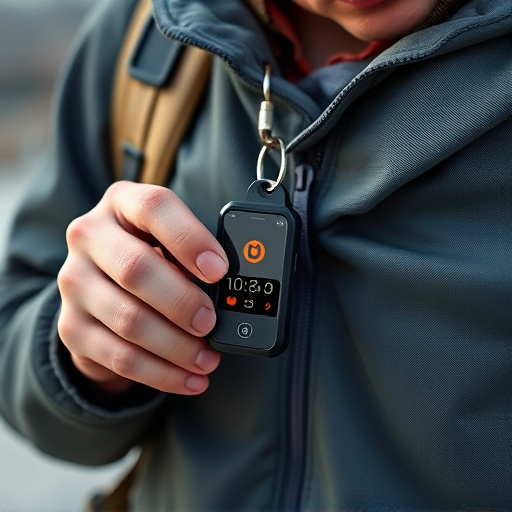 solo traveler holding a smart keychain alarm