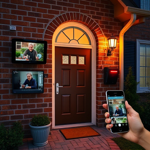 wireless doorbell with camera on brick home,home monitoring control room with multiple screens,doorbell camera recording visitor at night,sensor alert notification on homeowner’s phone,flashing red home security alert light at night