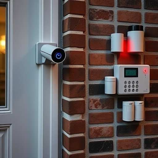 wireless doorbell with camera on brick home,ai security camera scanning for movement,flashing red home security alert light at night,security keypad on modern apartment wall,connected smart home with multiple sensors