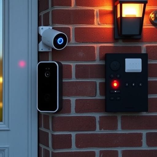 wireless doorbell with camera on brick home,ai security camera scanning for movement,flashing red home security alert light at night,security keypad on modern apartment wall,connected smart home with multiple sensors