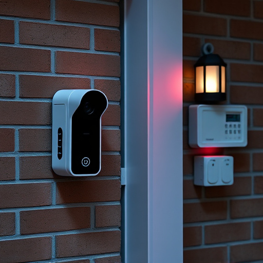 wireless doorbell with camera on brick home,ai security camera scanning for movement,flashing red home security alert light at night,security keypad on modern apartment wall,connected smart home with multiple sensors