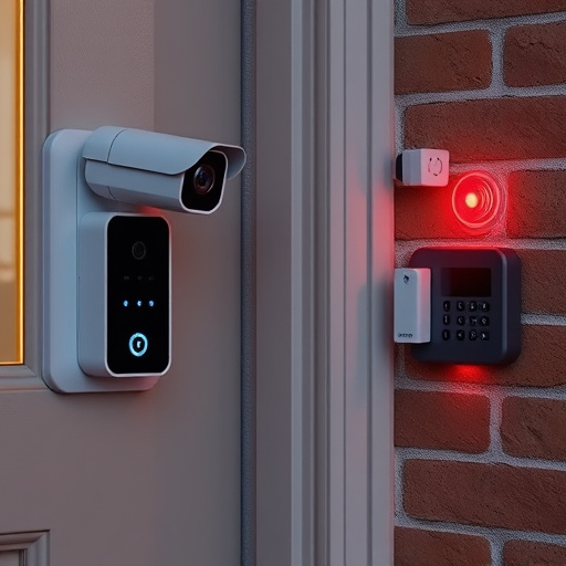 wireless doorbell with camera on brick home,ai security camera scanning for movement,flashing red home security alert light at night,security keypad on modern apartment wall,connected smart home with multiple sensors