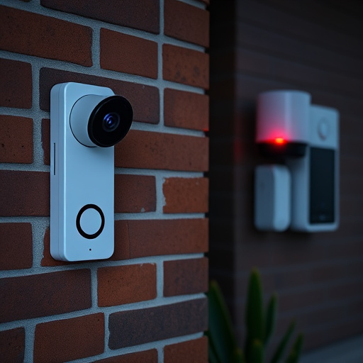 wireless doorbell with camera on brick home,ai security camera scanning for movement,flashing red home security alert light at night,security keypad on modern apartment wall,connected smart home with multiple sensors
