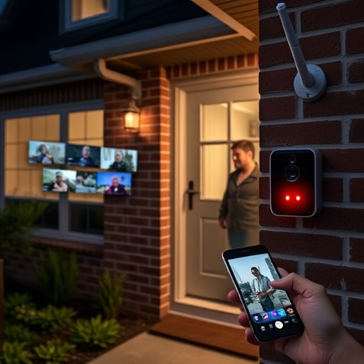 wireless doorbell with camera on brick home,home monitoring control room with multiple screens,doorbell camera recording visitor at night,sensor alert notification on homeowner’s phone,flashing red home security alert light at night