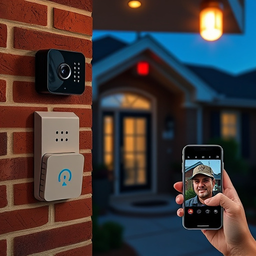 wireless doorbell with camera on brick home,home monitoring control room with multiple screens,doorbell camera recording visitor at night,sensor alert notification on homeowner’s phone,flashing red home security alert light at night