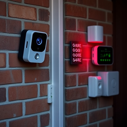 wireless doorbell with camera on brick home,ai security camera scanning for movement,flashing red home security alert light at night,security keypad on modern apartment wall,connected smart home with multiple sensors