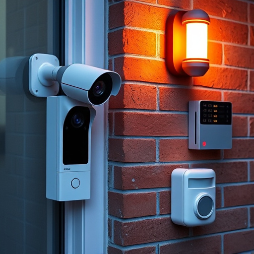 wireless doorbell with camera on brick home,ai security camera scanning for movement,flashing red home security alert light at night,security keypad on modern apartment wall,connected smart home with multiple sensors
