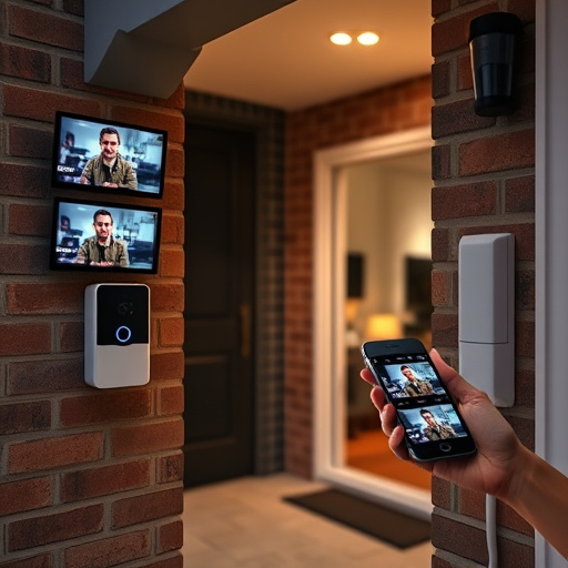 wireless doorbell with camera on brick home,home monitoring control room with multiple screens,doorbell camera recording visitor at night,sensor alert notification on homeowner’s phone,flashing red home security alert light at night