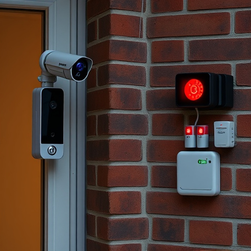 wireless doorbell with camera on brick home,ai security camera scanning for movement,flashing red home security alert light at night,security keypad on modern apartment wall,connected smart home with multiple sensors