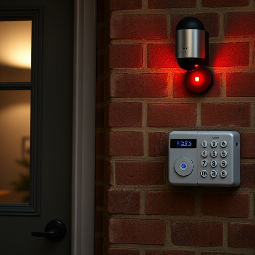 wireless doorbell with camera on brick home,ai security camera scanning for movement,flashing red home security alert light at night,security keypad on modern apartment wall,connected smart home with multiple sensors