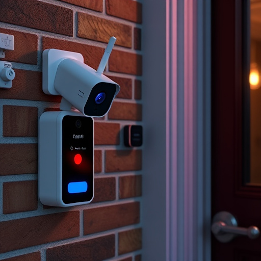 wireless doorbell with camera on brick home,ai security camera scanning for movement,flashing red home security alert light at night,security keypad on modern apartment wall,connected smart home with multiple sensors