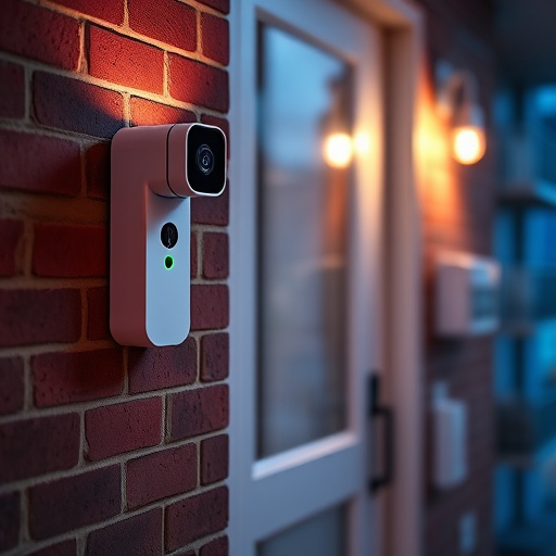 wireless doorbell with camera on brick home,ai security camera scanning for movement,flashing red home security alert light at night,security keypad on modern apartment wall,connected smart home with multiple sensors