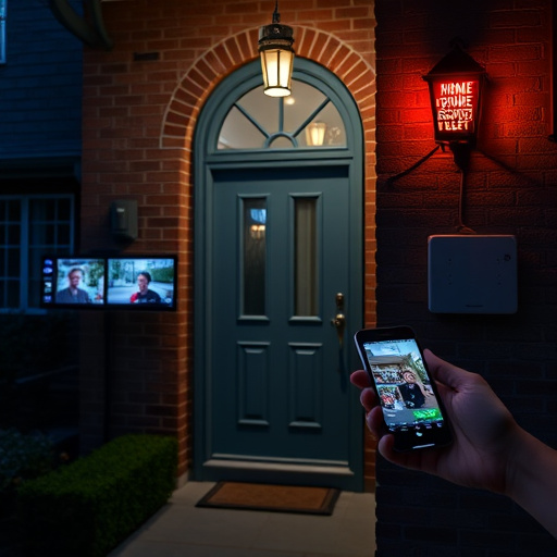 wireless doorbell with camera on brick home,home monitoring control room with multiple screens,doorbell camera recording visitor at night,sensor alert notification on homeowner’s phone,flashing red home security alert light at night