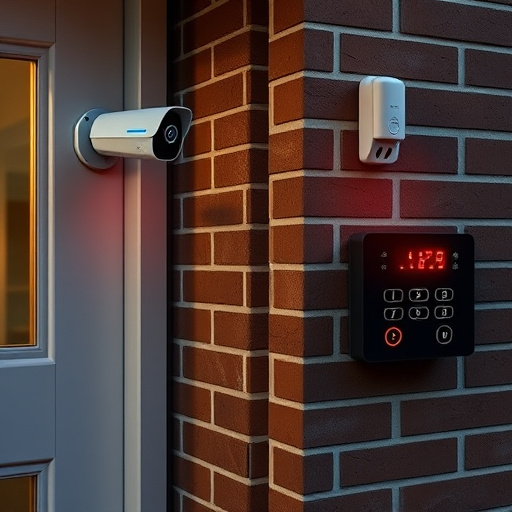 wireless doorbell with camera on brick home,ai security camera scanning for movement,flashing red home security alert light at night,security keypad on modern apartment wall,connected smart home with multiple sensors