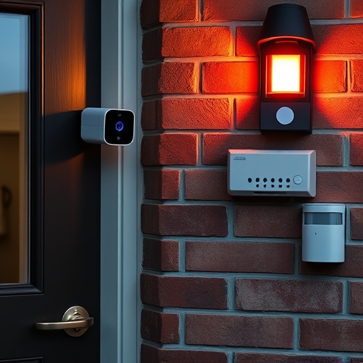wireless doorbell with camera on brick home,ai security camera scanning for movement,flashing red home security alert light at night,security keypad on modern apartment wall,connected smart home with multiple sensors
