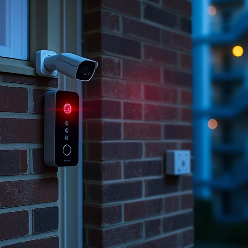 wireless doorbell with camera on brick home,ai security camera scanning for movement,flashing red home security alert light at night,security keypad on modern apartment wall,connected smart home with multiple sensors