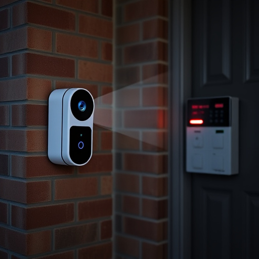 wireless doorbell with camera on brick home,ai security camera scanning for movement,flashing red home security alert light at night,security keypad on modern apartment wall,connected smart home with multiple sensors