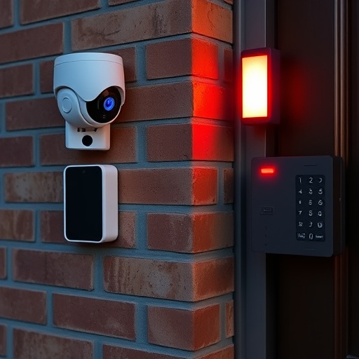 wireless doorbell with camera on brick home,ai security camera scanning for movement,flashing red home security alert light at night,security keypad on modern apartment wall,connected smart home with multiple sensors