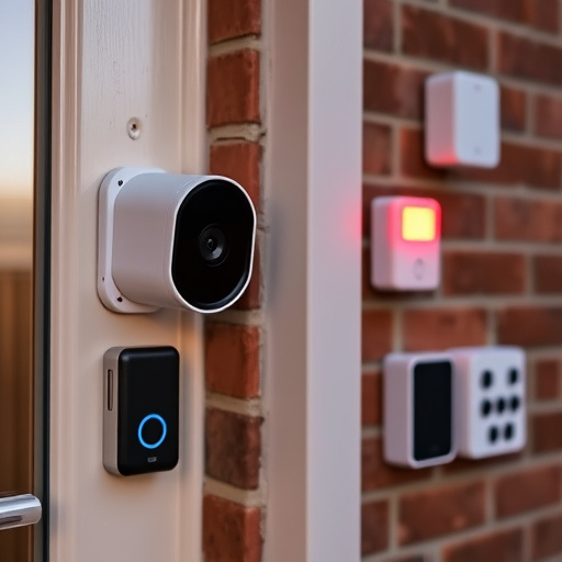 wireless doorbell with camera on brick home,ai security camera scanning for movement,flashing red home security alert light at night,security keypad on modern apartment wall,connected smart home with multiple sensors
